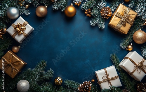 Elegant Holiday Gift Arrangement With Decorations on Dark Background.