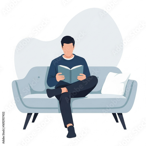 A man sitting on a comfortable sofa, engrossed in reading a book for leisure and relaxation