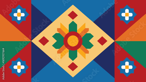 Colorful Geometric Abstract Design with Central Starburst and Diamond Shapes pattern