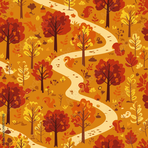 Autumnal woodland path with whimsical squirrels and trees in fall colors.
