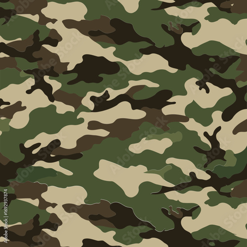 Digital camouflage pattern design for military apparel or related applications. Abstract design with irregular shapes and blended colors.