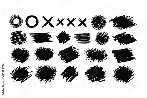 Collection of black grunge brush strokes and shapes on white background