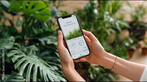 Woman holding smartphone with nature app in green plant environment, showing smart home garden concept footage.