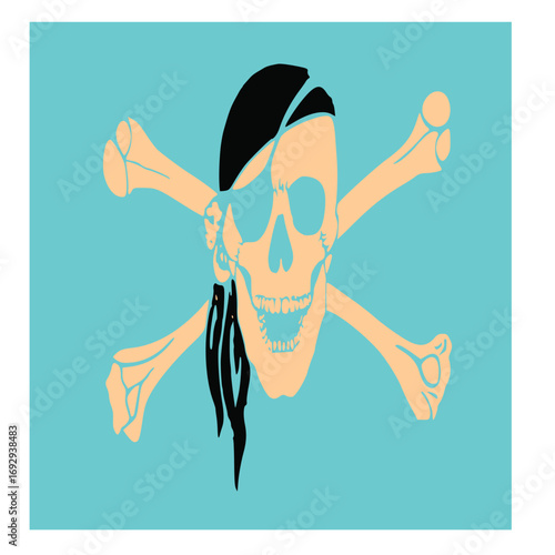Stylized vector illustration depicting a skull with an eye patch and bandana over crossed bones, symbolizing maritime exploration and ancient tales