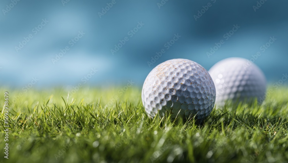 Obraz premium Two golf balls on green grass, soft focus