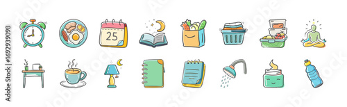 Hand drawn daily routine icons set - Collection of colorful hand drawn icons representing daily routine, including alarm clock, breakfast, calendar, reading, grocery shopping, laundry, meal prep