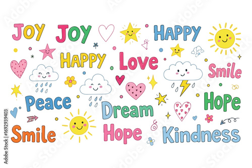 Whimsical hand drawn positive words and symbols