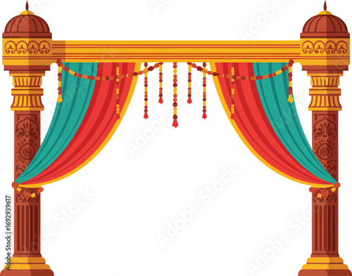 Elaborate traditional Indian wedding mandap stage, ornate with exquisite floral garlands, elegant drapes, and decorative elements for a beautiful Hindu matrimony ceremony.