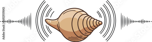 Conch shell with sound waves graphic representation, ideal for meditation, mindfulness, and spiritual health concepts, representing the tranquil and resonant sounds of nature.