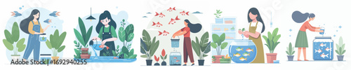 vector of woman raising fish