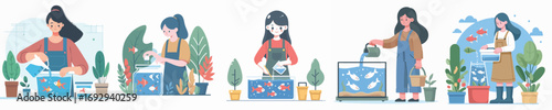 vector of woman raising fish