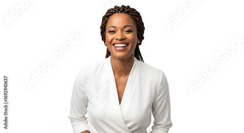 Confident Black Woman Smiling with Braids in White Blouse Isolated on Transparent Background