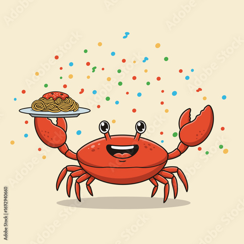 Happy cartoon crab holding a plate of pasta with confetti background to promote seafood festivals, Italian pasta and culinary event marketing 