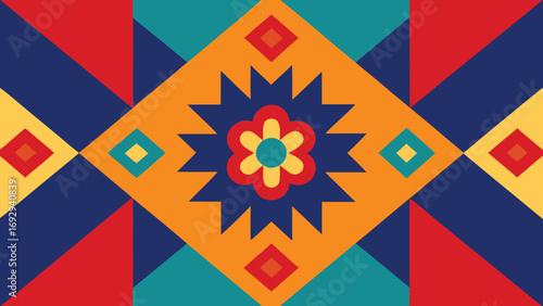 Colorful Geometric Starburst Pattern with Flower Center on Orange Background vector illustration