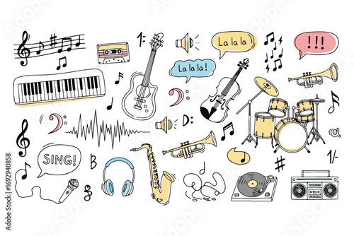Collage of hand drawn musical instruments and notes