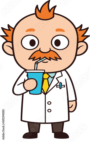 Funny cartoon scientist character, orange hair, white lab coat, drinking from cup, humorous science illustration, quirky lab figure, educational mascot