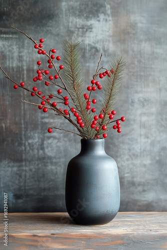 Vibrant Branches With Red Berries and Pine in Modern Black Vase on Textured B...