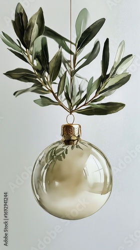 Decorative Glass Ornament With Olive Branch Hanging Against a Light Background