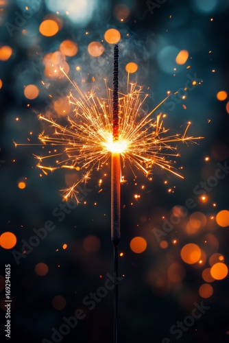Sparkler Shining Brightly at Night During a Celebration or Gathering in a Blu...