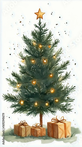 Christmas Tree Adorned With Lights and Gifts in Winter Setting.