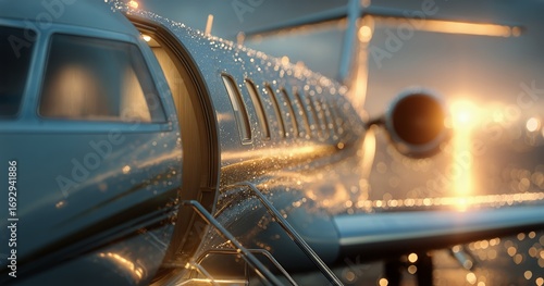 Private Jet Parked on the Runway With Golden Sunlight Illuminating Raindrops ...