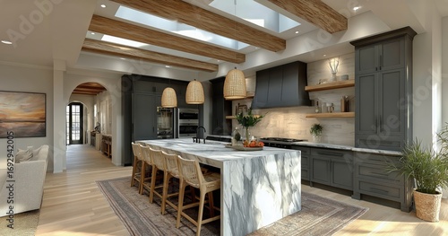 Modern Kitchen Design Featuring Wooden Beams and Marble Countertops in a Brig...