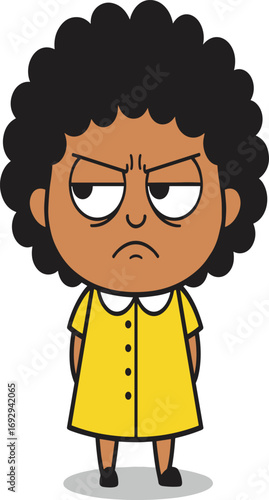 Suspicious cartoon girl, curly hair, yellow dress, emotional expression, frowning child, isolated character, white background, vector illustration, kids emotion, clipart