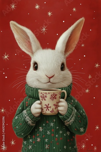 Cute Rabbit in a Cozy Sweater Holding a Festive Mug Against a Red Background ...