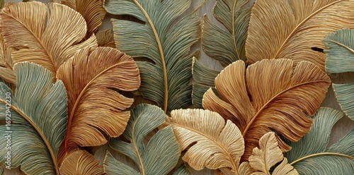 Decorative Wall Art Featuring Intricately Designed Leaves in Gold and Green Hues