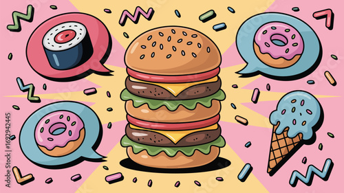 Craving a cartoon feast? Indulge in a playful burger, sushi, donut, and ice cream explosion that's perfect for food lovers and whimsical designs, adding a fun, delicious, colorful vibe