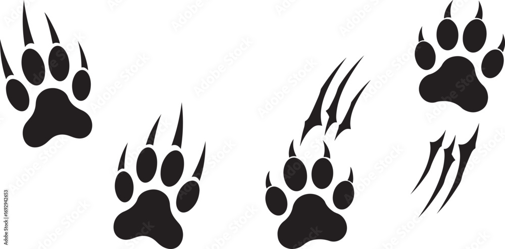 Fototapeta premium Collection of animal paw prints and claw marks silhouette