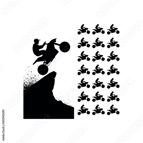 Black silhouette of A T V rider jumping off cliff with repeating A T V riders all terrain vehicle