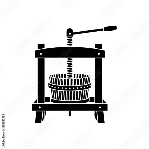 Black silhouette of a wooden fruit press with a screw mechanism wine press cider press