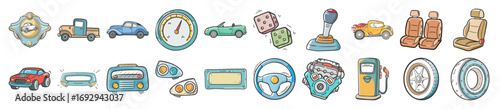Hand drawn car and automobile icons set - Collection of colorful hand drawn car and automobile icons featuring vehicles, steering wheel, fuel pump, speedometer, tires, seats, and driving accessories.