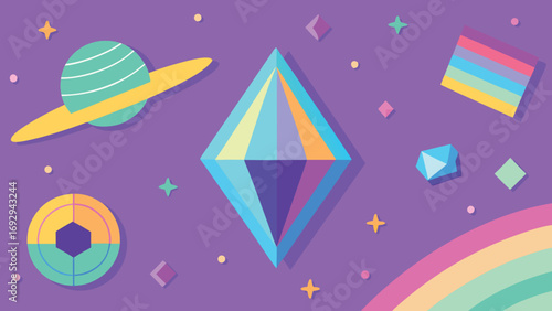 Cosmic and Geometric Shapes on Purple Background with Rainbow and Saturn vector illustration