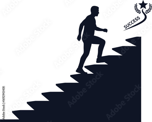 Silhouette of a man climbing stairs to success, figure is moving upwards towards a star, representing achievement and reaching goals in life