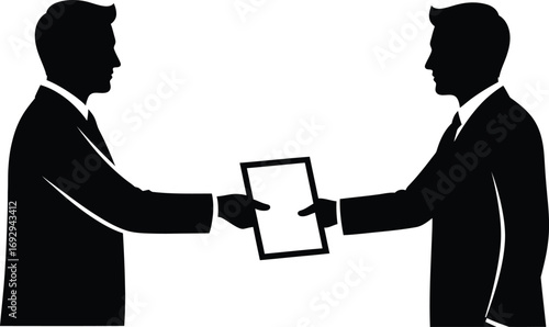 Silhouette of two businessmen exchanging document, image represents a deal, agreement, or contract between two parties in business
