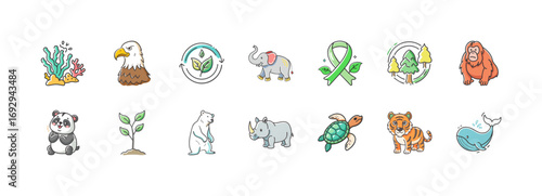 Hand drawn endangered animals and wildlife conservation icons - Collection of colorful hand drawn icons featuring endangered animals, plants, and symbols promoting wildlife protection, conservation