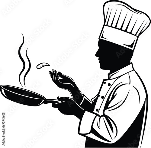 Silhouette of a chef flipping food in a pan image captures culinary skill and artistry of cooking