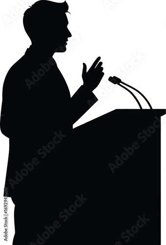 Silhouette of a speaker at a podium delivering a speech, a powerful presentation, conveying information and inspiring audience