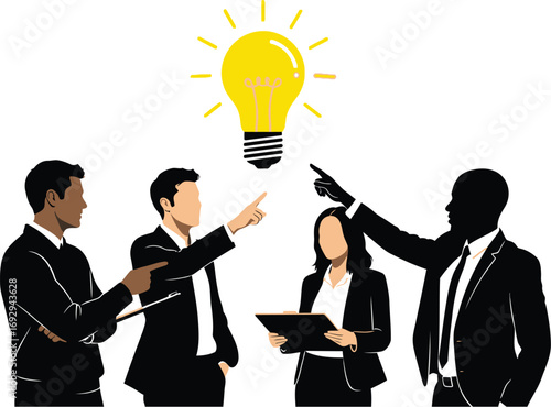 Diverse business team pointing at a bright lightbulb, symbolizing a new idea or innovation, a collaborative effort to achieve success