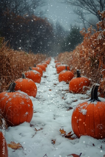 Snowfall Covers Vibrant Pumpkins in a Serene Autumn Landscape During a Chilly...
