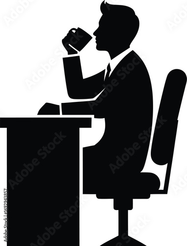 Silhouette of a businessman sitting at a desk drinking coffee, man is taking a break from work to recharge and refresh his mind