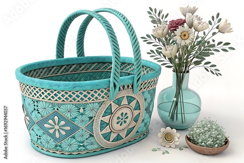 Decorative woven basket with handles and floral arrangement in a vase
