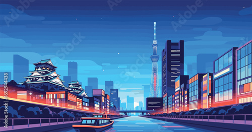 Osaka Vector Travel Poster, Cinematic Minimal Landscape Art