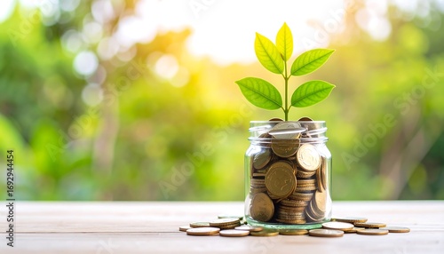 Small plant growing in a glass jar filled with coins.  Natural light