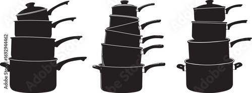 Three stacks of cooking pots and pans in a black silhouette