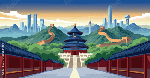 Beijing Vector Travel Poster, Cinematic Minimal Landscape Art
