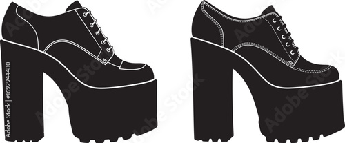 Black platform boots with extremely high block heels silhouette