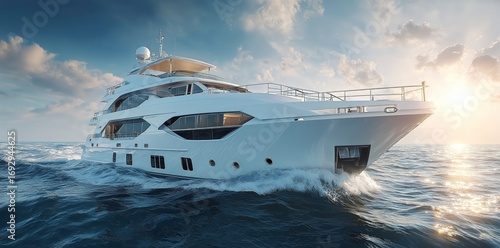 Luxurious Yacht Cruising on Calm Ocean Waters During Sunset.